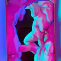 surrealistic scene of nude bodies merged together in doorway